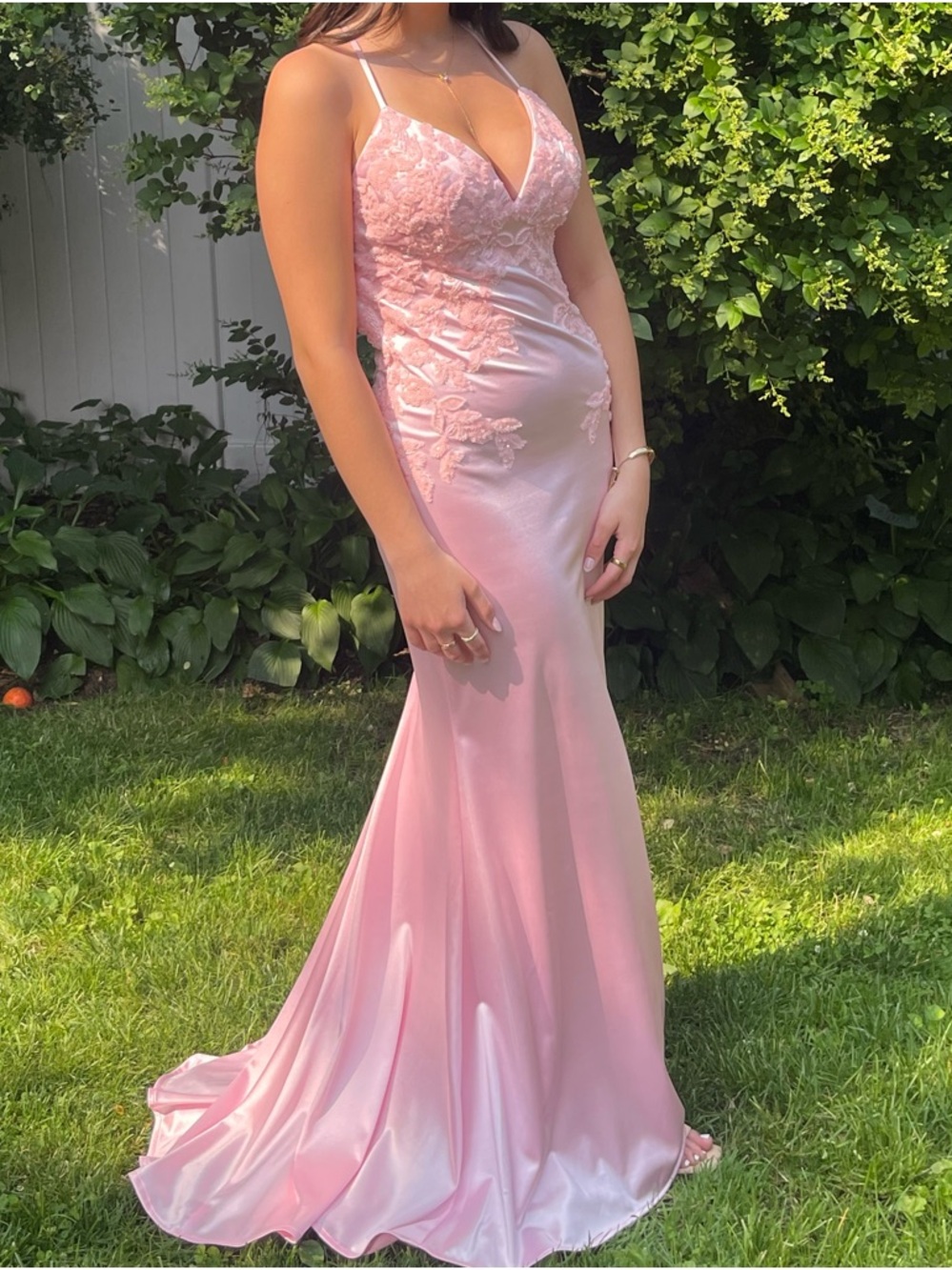 Faviana Blush Pink Satin Lace Prom Gown
